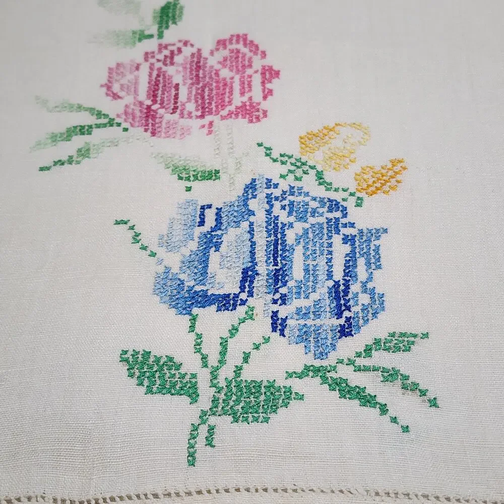 Handmade CrossStitch Embroidered Cotton Dish Hand Towel Pink-Blue Roses 32